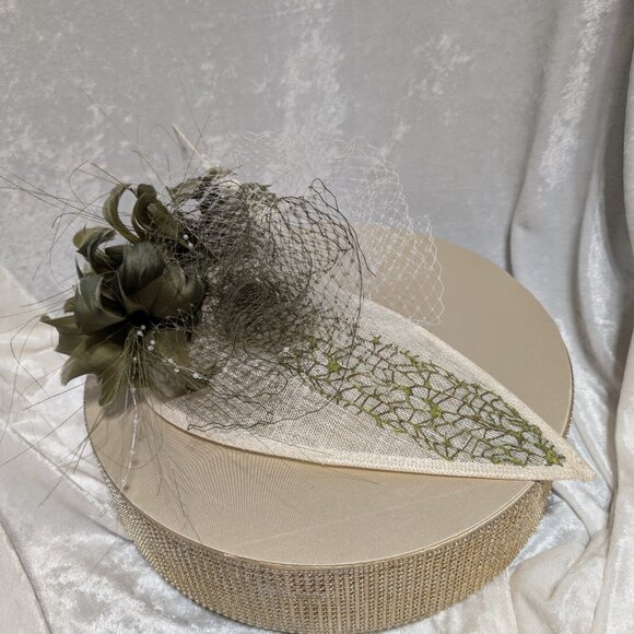 Ivory Fascinator with Olive Green & Ivory French Netting & Feathers